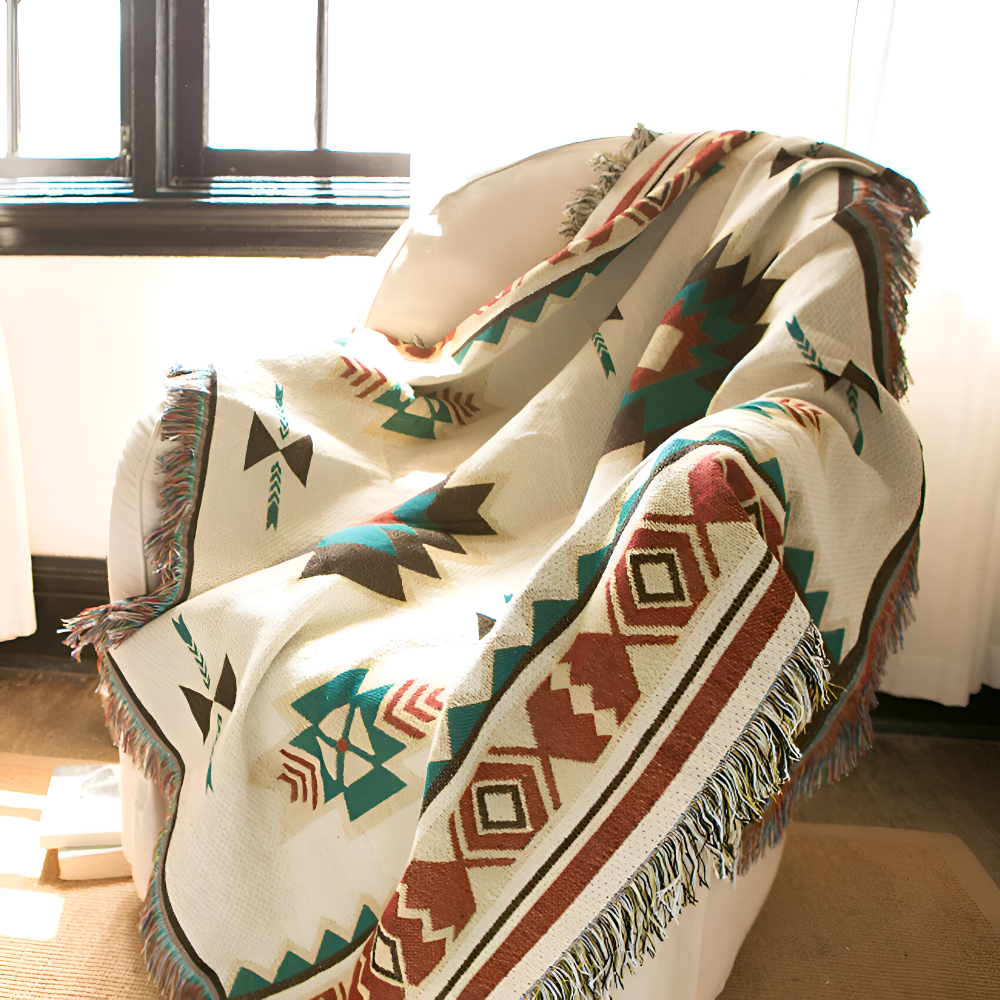 BohoFab Pläd - Lyxig Boho Filt - Geometrisk Etnisk Fransen Tapestry Pläd