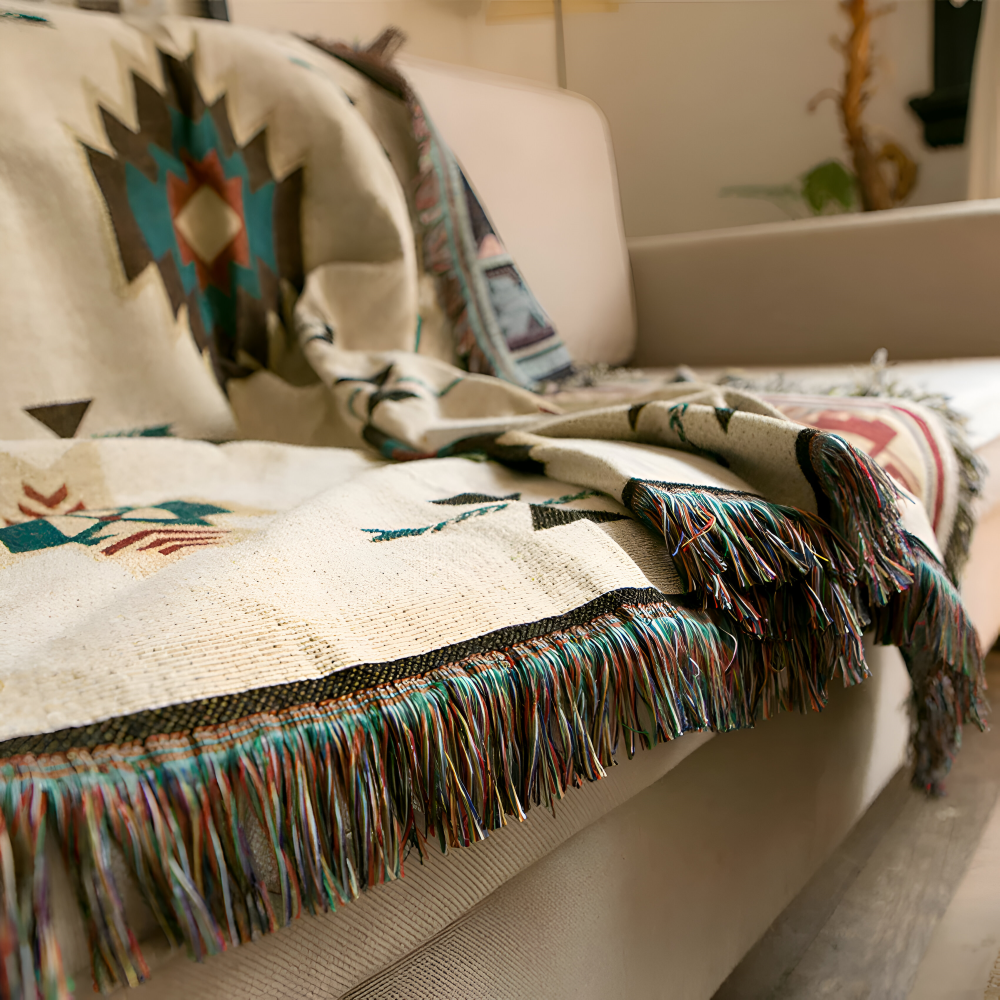 BohoFab Pläd - Lyxig Boho Filt - Geometrisk Etnisk Fransen Tapestry Pläd