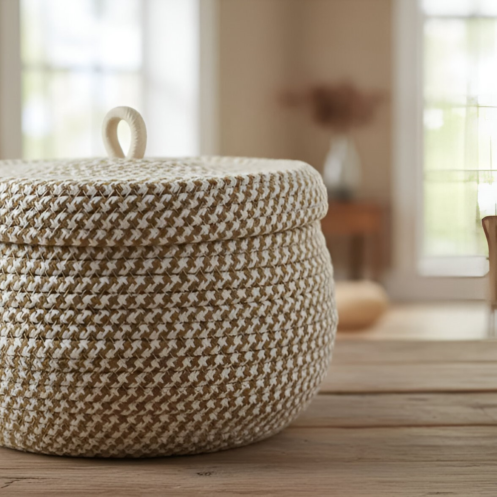 Boho Förvaringskorg med Lock – Vävda Förvaringslåda för Smycken – Rund