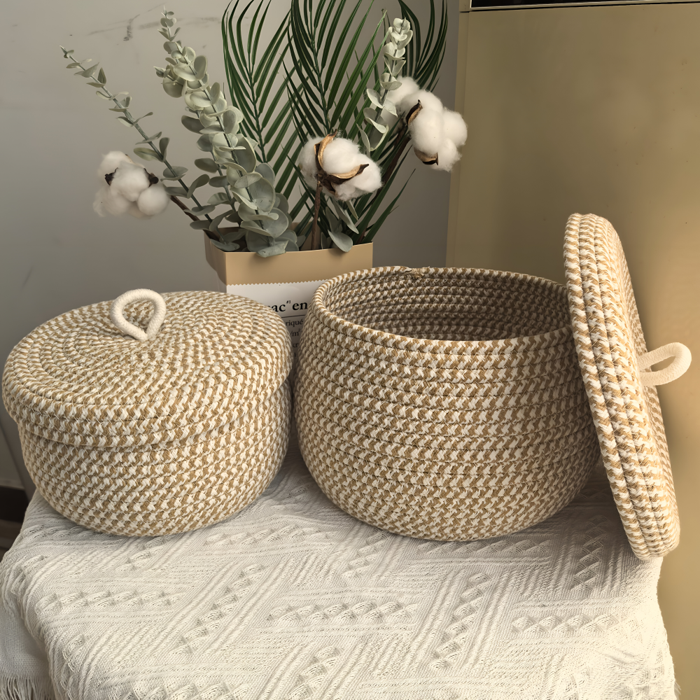 Boho Förvaringskorg med Lock – Vävda Förvaringslåda för Smycken – Rund