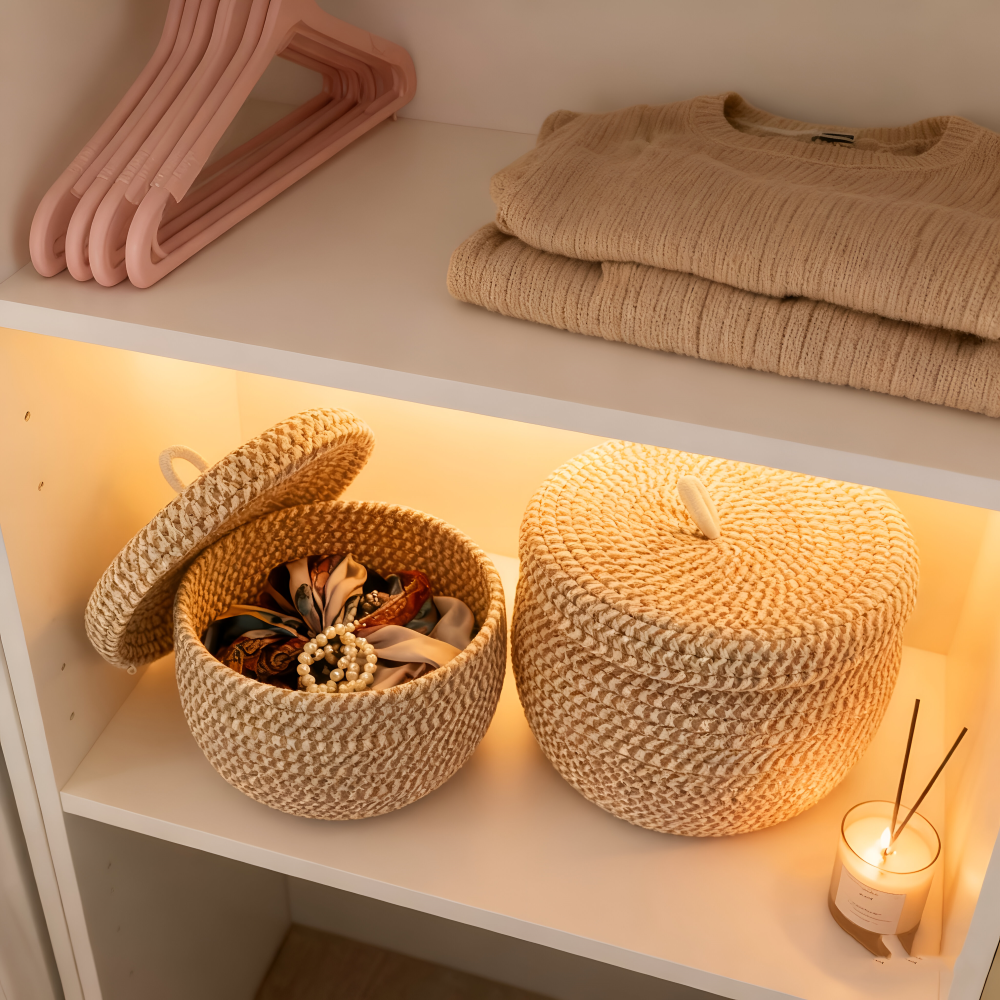 Boho Förvaringskorg med Lock – Vävda Förvaringslåda för Smycken – Rund