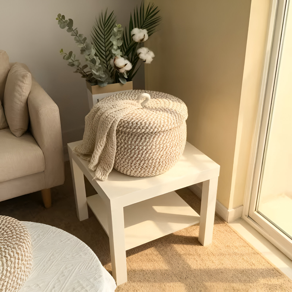 Boho Förvaringskorg med Lock – Vävda Förvaringslåda för Smycken – Rund
