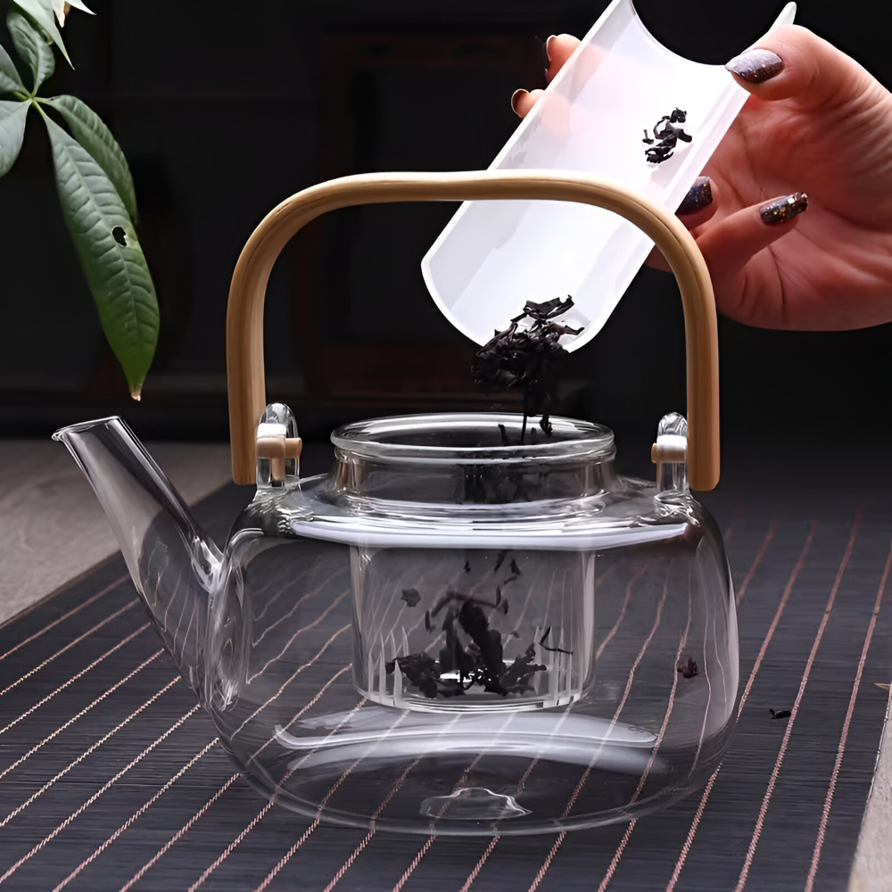 Borosilikatglas Tekanna 900 ml – Värmebeständig med Bambuhandtag & Tesil