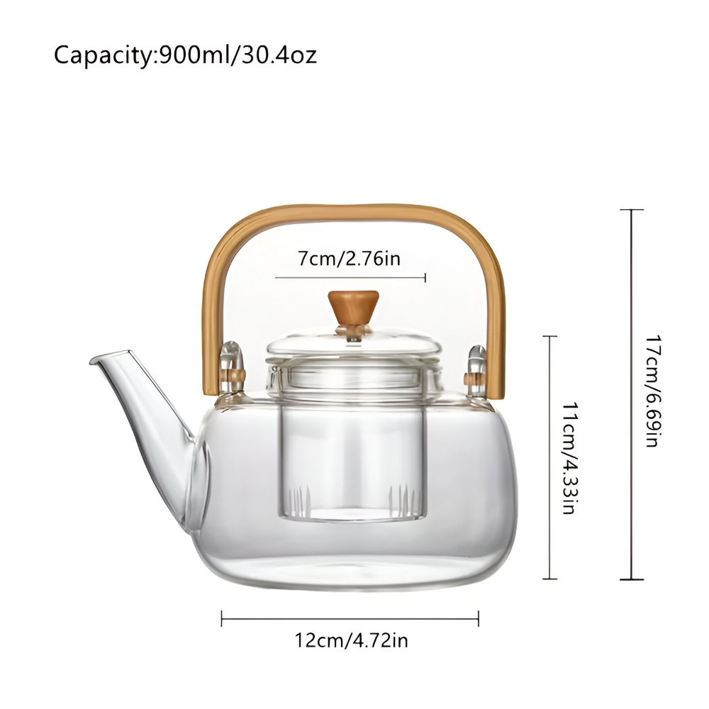 Borosilikatglas Tekanna 900 ml – Värmebeständig med Bambuhandtag & Tesil