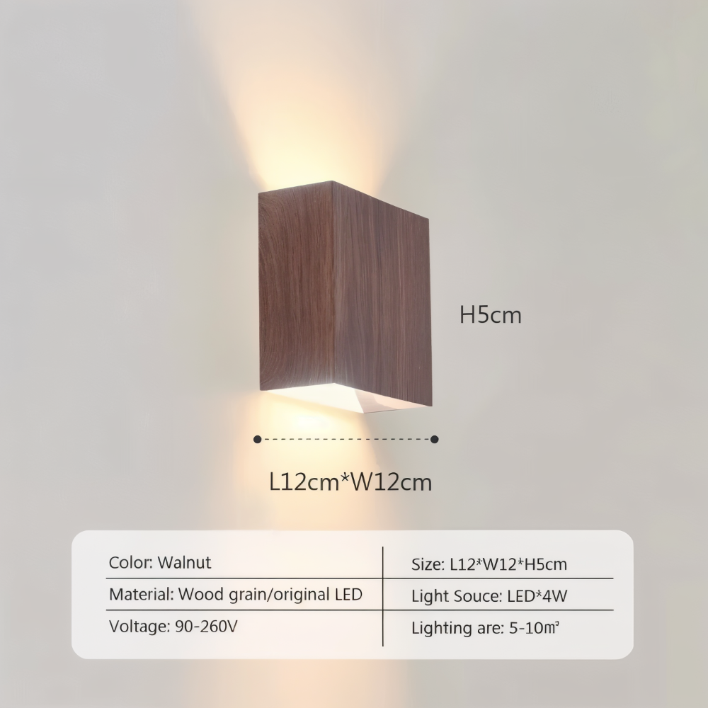 Boxy Vägglampa - Rektangulär Up & Down Belysning Vägglampa i Trä - LED Vägglampa för Sovrum