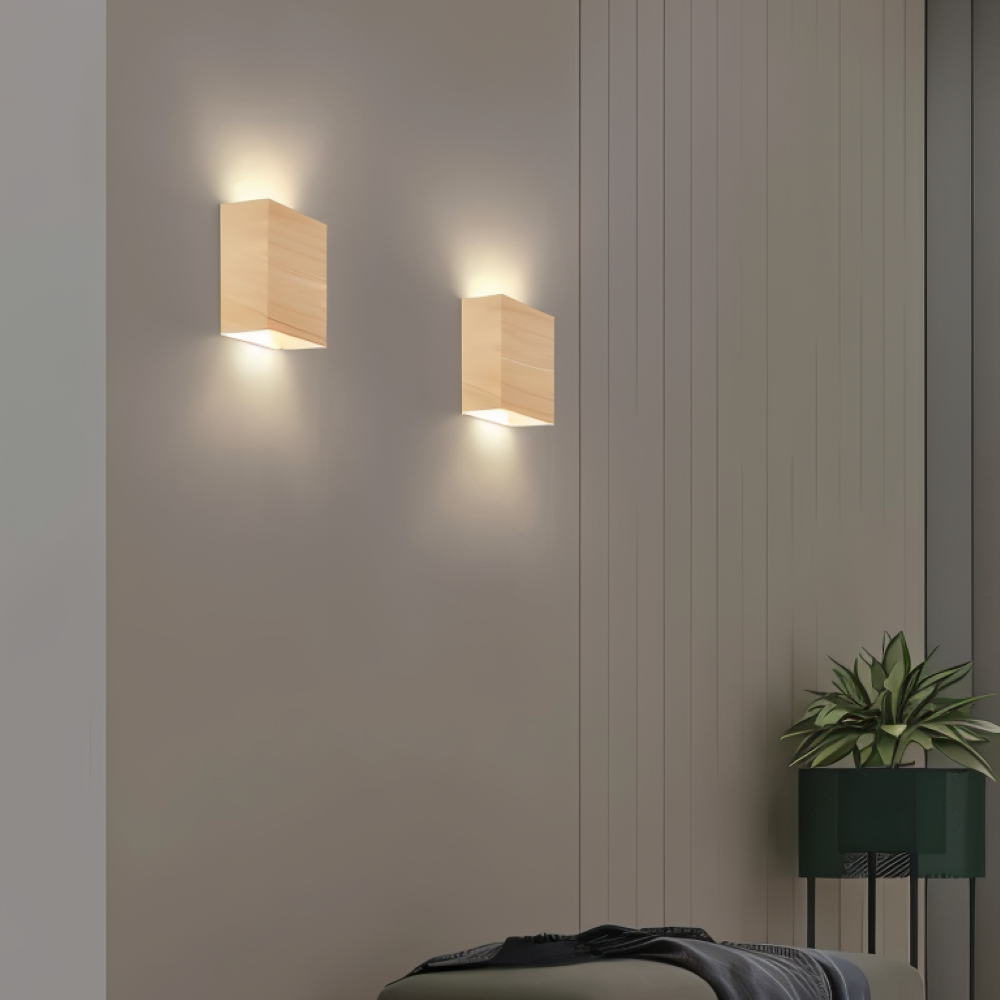 Boxy Vägglampa - Rektangulär Up & Down Belysning Vägglampa i Trä - LED Vägglampa för Sovrum