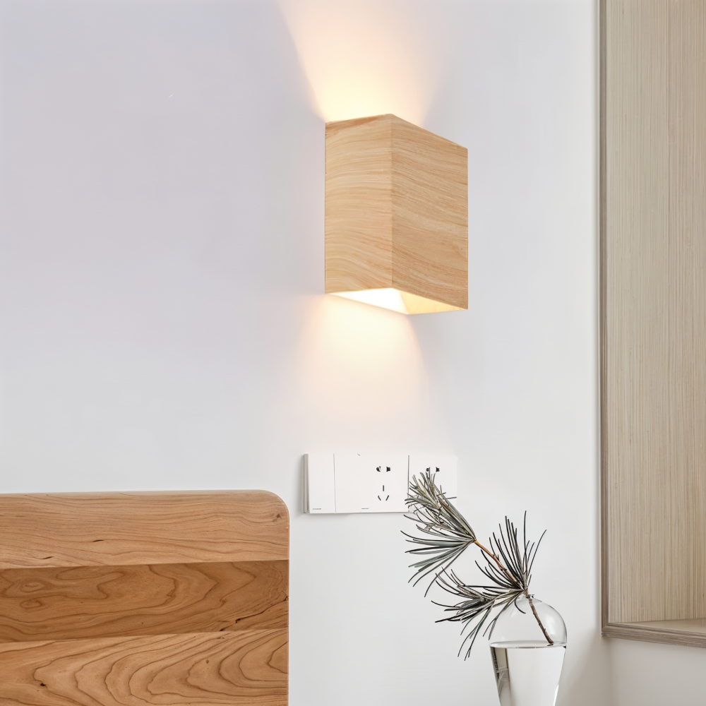 Boxy Vägglampa - Rektangulär Up & Down Belysning Vägglampa i Trä - LED Vägglampa för Sovrum