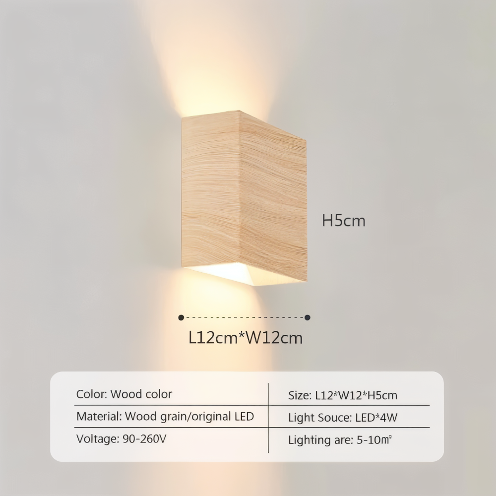 Boxy Vägglampa - Rektangulär Up & Down Belysning Vägglampa i Trä - LED Vägglampa för Sovrum