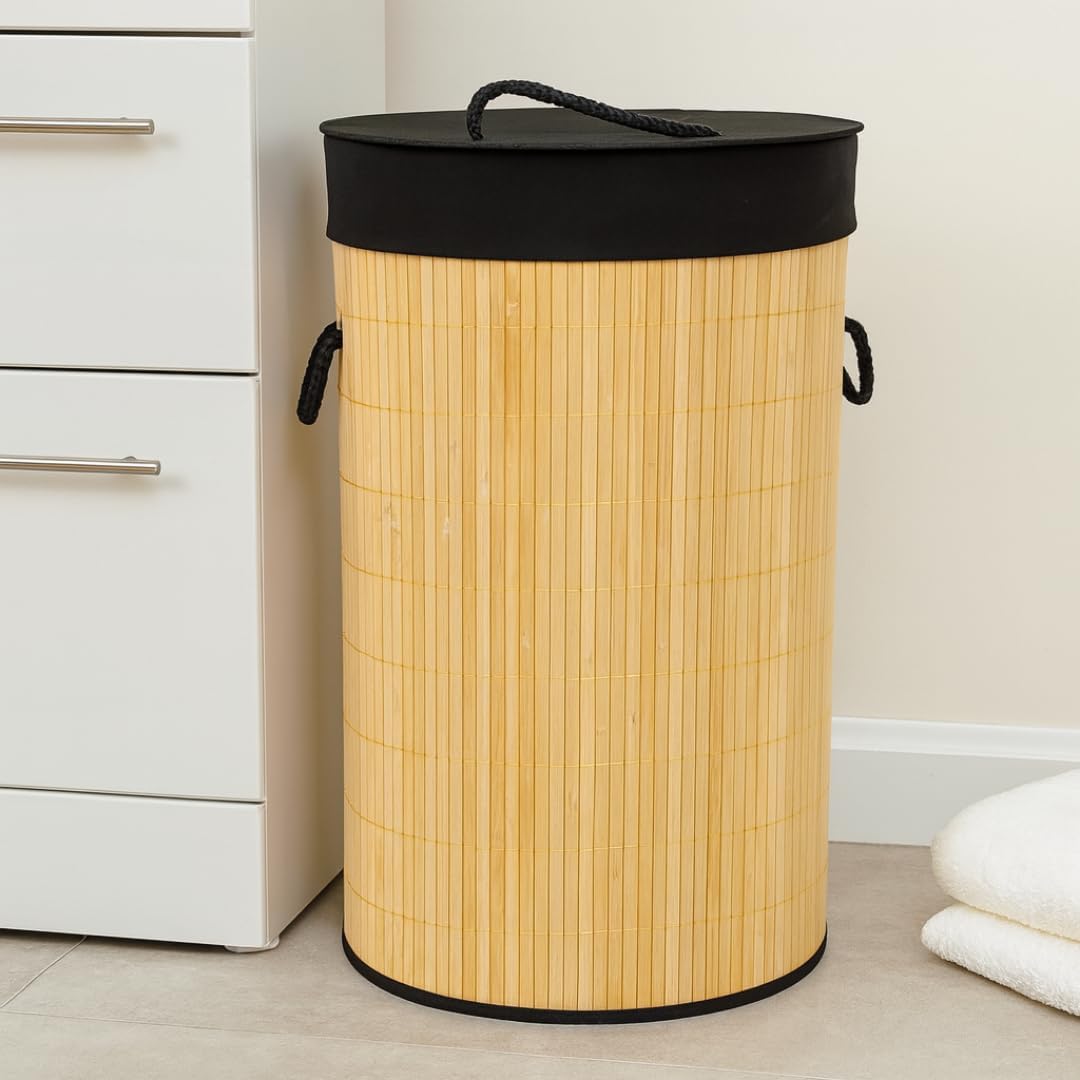Tvättkorg i bambu med lock, 60 L, fyrkantig design för tvättförvaring