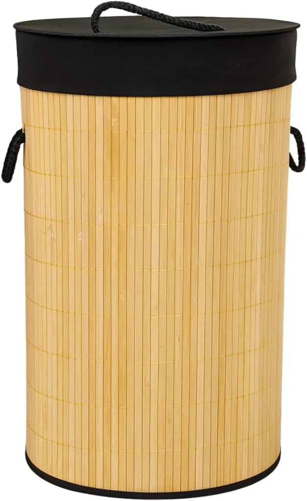 Hopfällbar tvättkorg i bambu med lock och handtag i naturlig stil