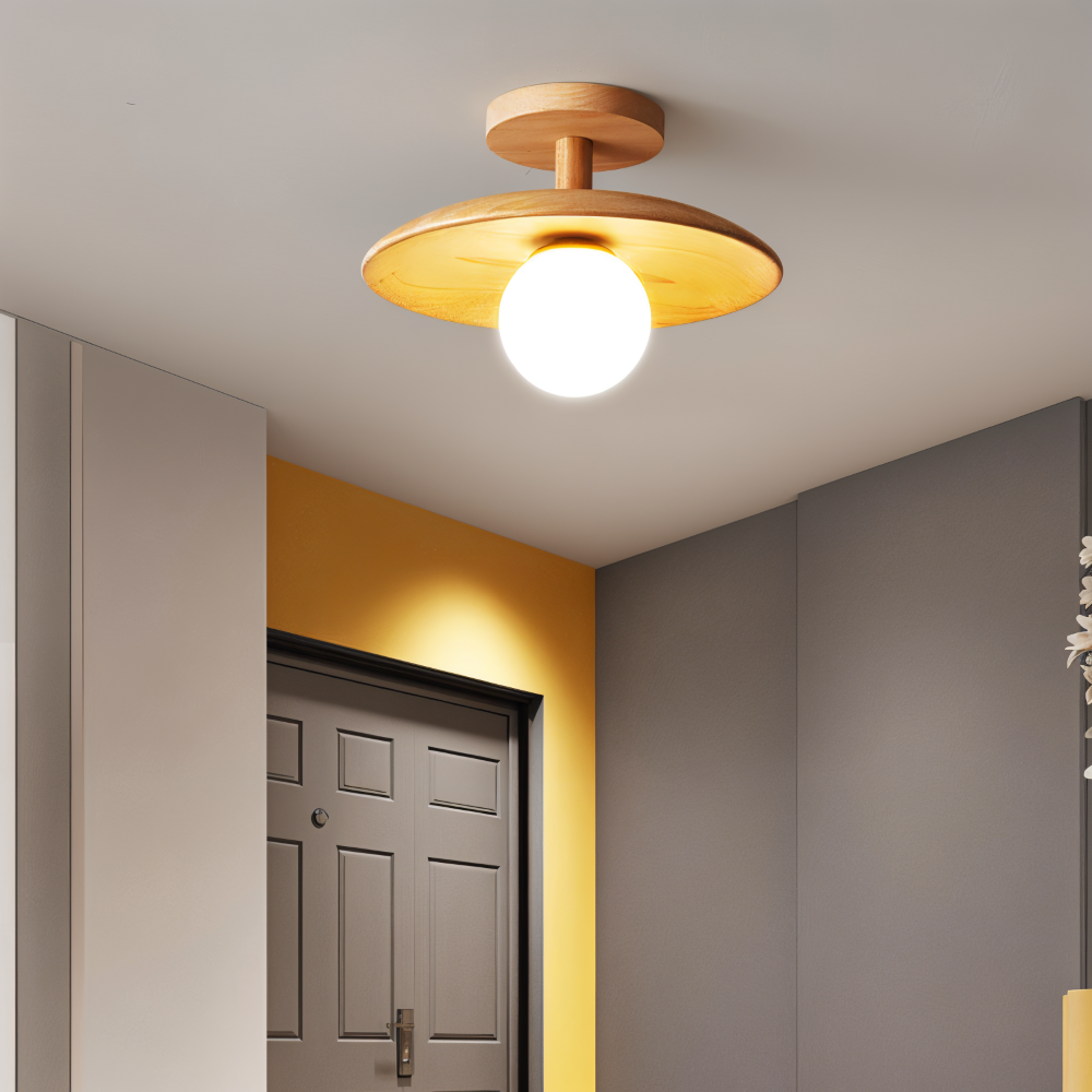 CentraOrb Trä Taklampa - Halvinfälld Lampa med Inbyggd LED Belysning