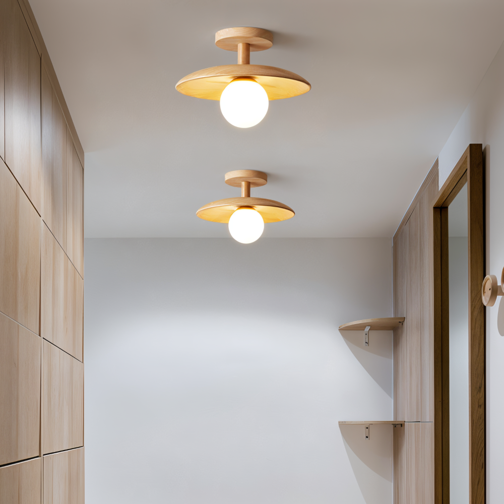 CentraOrb Trä Taklampa - Halvinfälld Lampa med Inbyggd LED Belysning