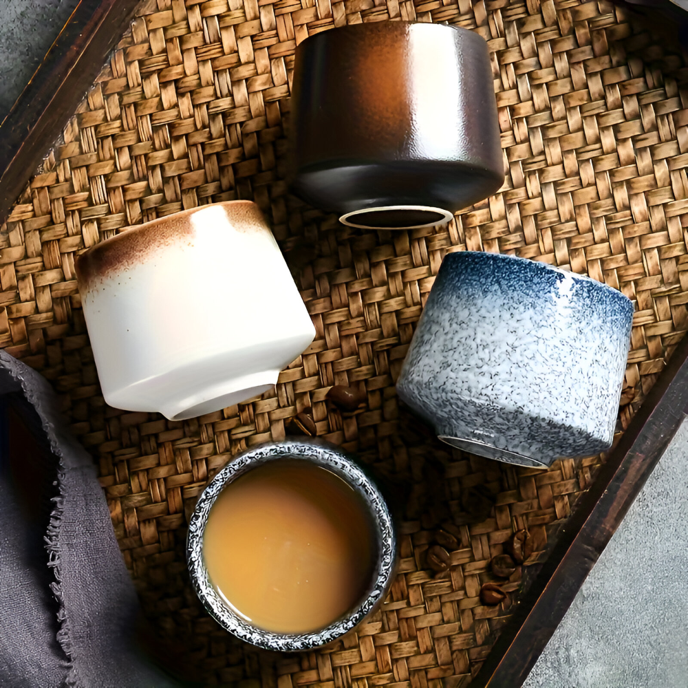 Keramiska Kaffekoppar Set (4-delar) – Nordisk Retro Design, Wabi-Sabi Muggar för Espresso & Te, Jordfärger