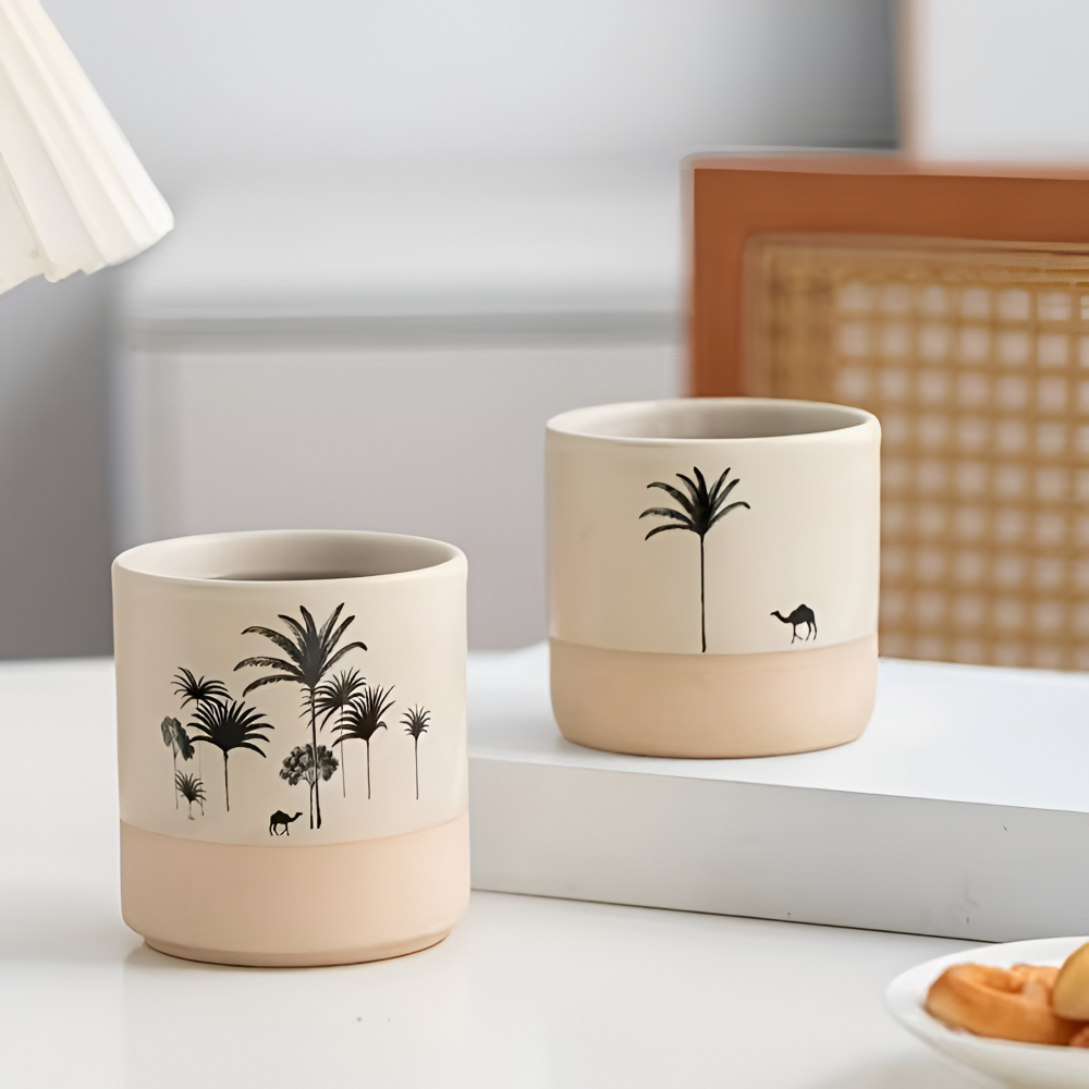 Keramik Kaffekoppset med Palmönster – 4 st. Espressokoppar – små kaffekoppar för espresso och te