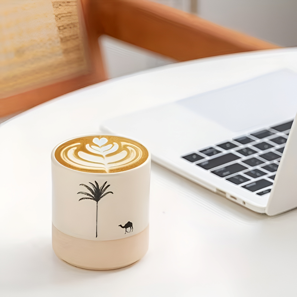Keramik Kaffekoppset med Palmönster – 4 st. Espressokoppar – små kaffekoppar för espresso och te
