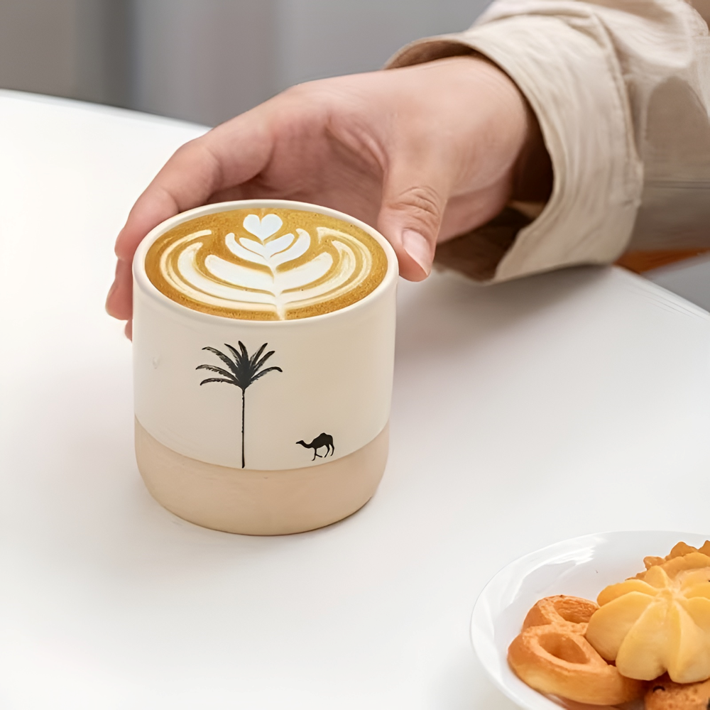 Keramik Kaffekoppset med Palmönster – 4 st. Espressokoppar – små kaffekoppar för espresso och te