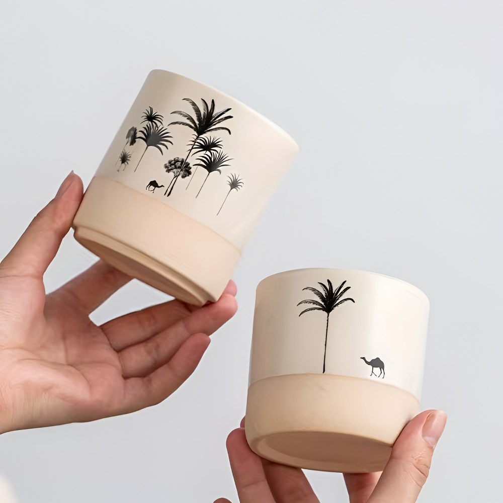 Keramik Kaffekoppset med Palmönster – 4 st. Espressokoppar – små kaffekoppar för espresso och te