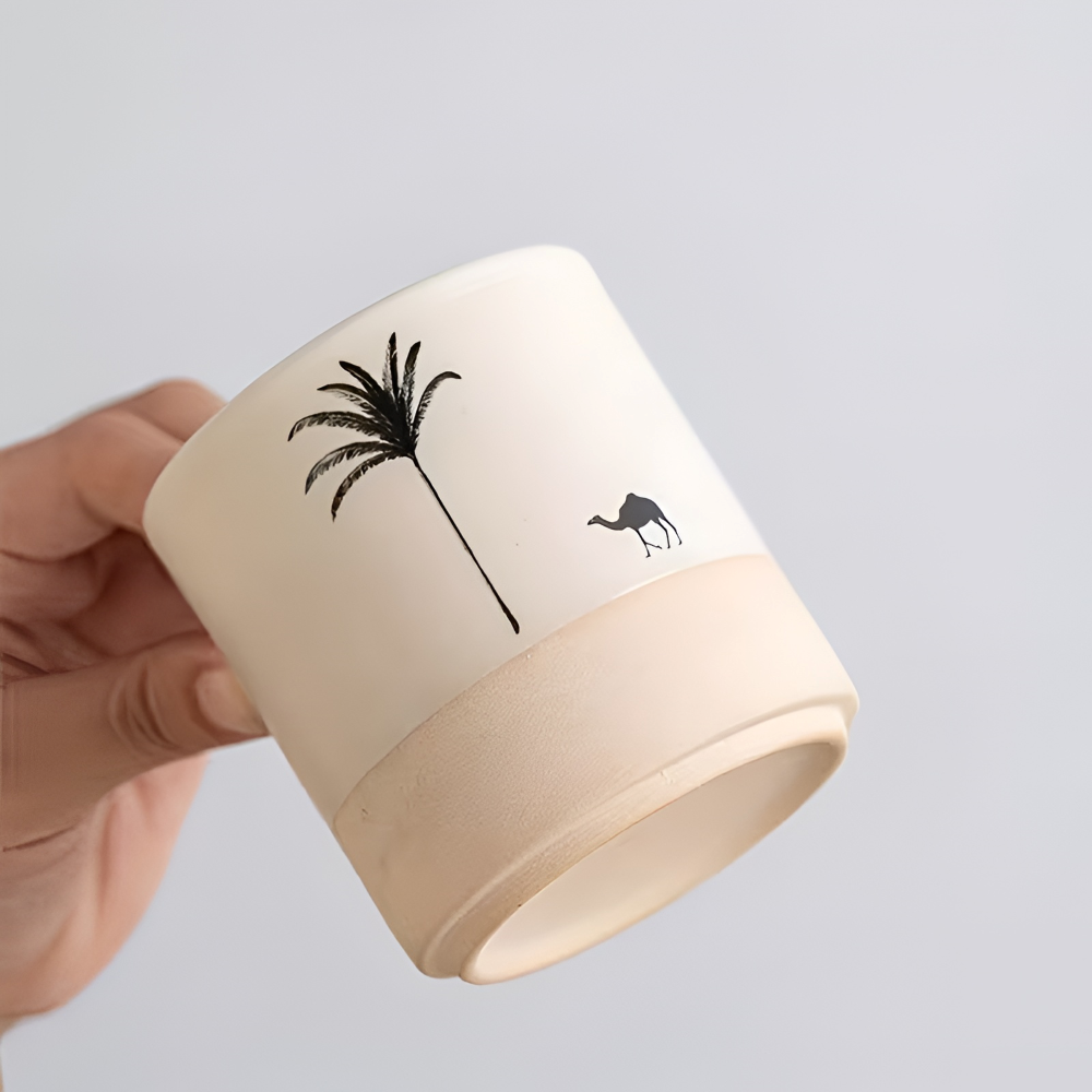 Keramik Kaffekoppset med Palmönster – 4 st. Espressokoppar – små kaffekoppar för espresso och te