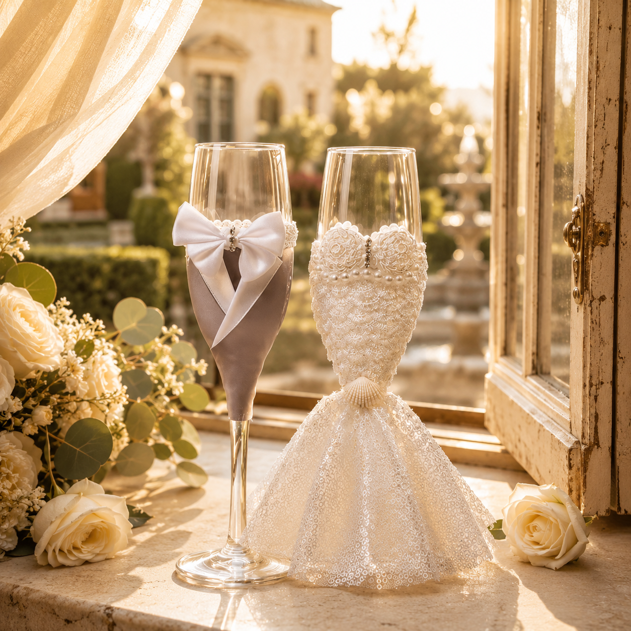 Dekorativa champagneglas som passar brudpar och fest