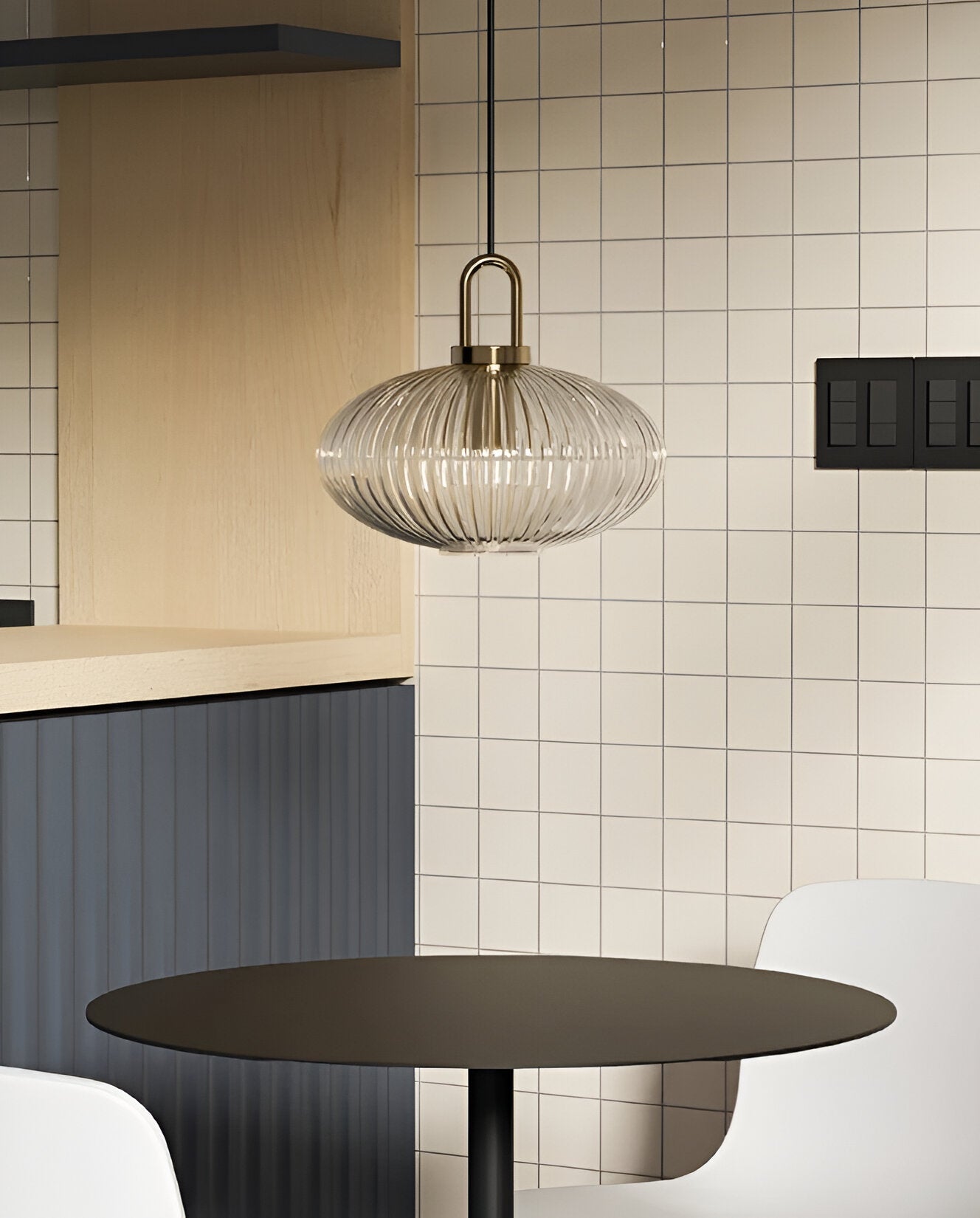 ClaChic Hänglampa - Vit & Guld Nordisk Ribbad Glas Pendellampa