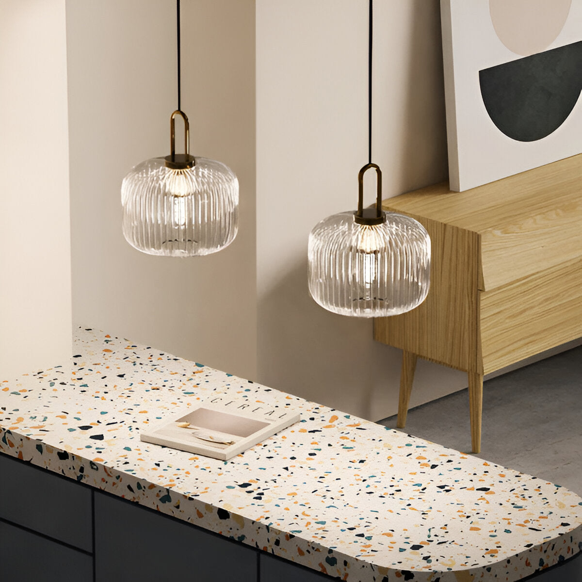 ClaChic Hänglampa - Vit & Guld Nordisk Ribbad Glas Pendellampa