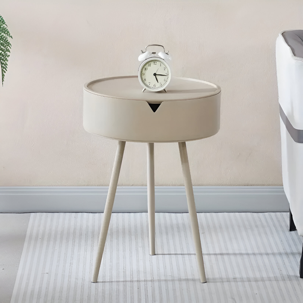 Samtida Krämfärgad Rund Sido Bord med Förvaring - Stilfull Sockeldesign, Bord med Metallram