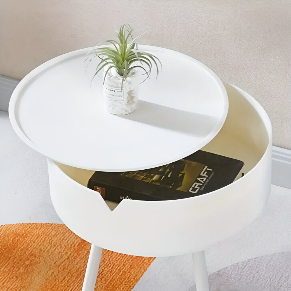 Samtida Krämfärgad Rund Sido Bord med Förvaring - Stilfull Sockeldesign, Bord med Metallram