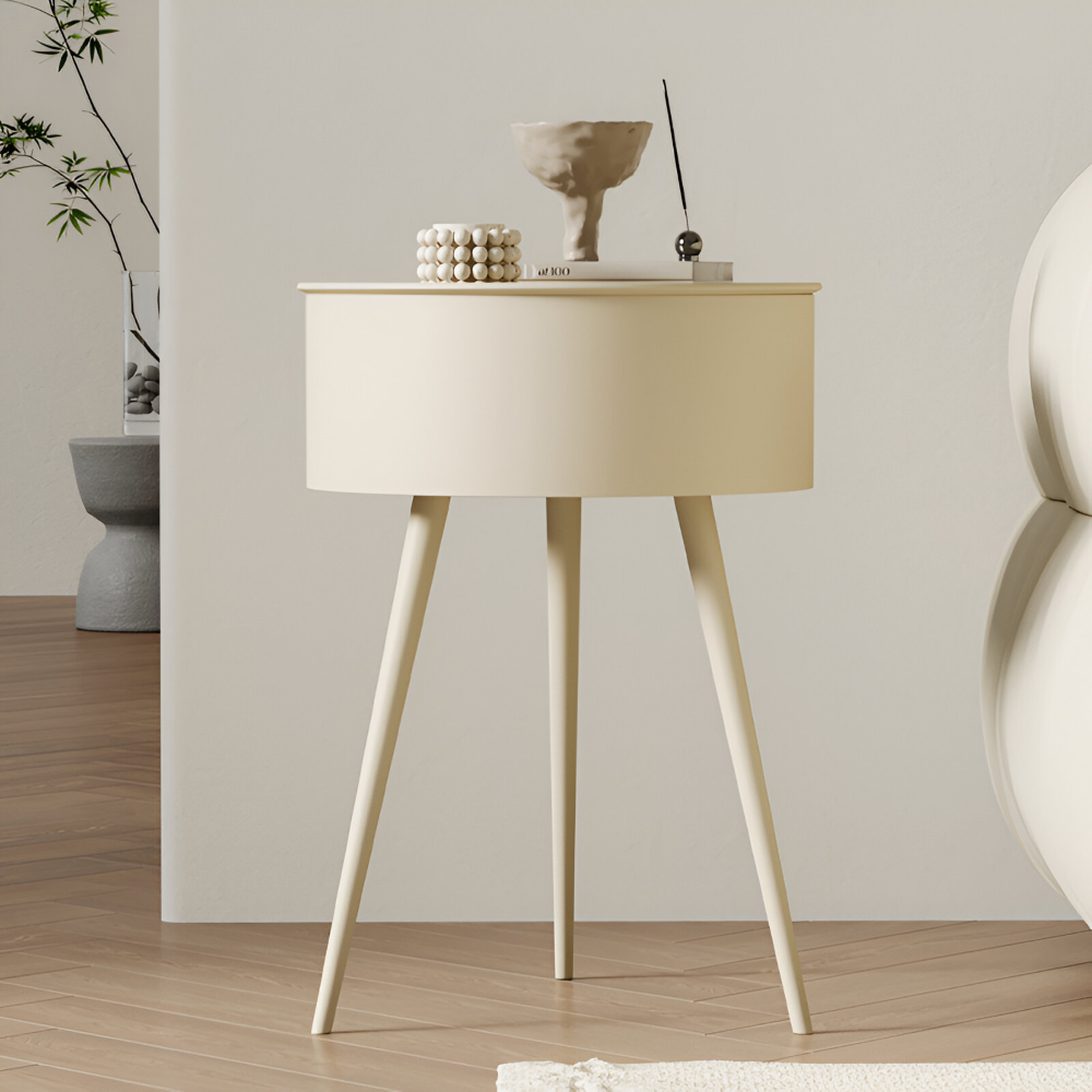 Samtida Krämfärgad Rund Sido Bord med Förvaring - Stilfull Sockeldesign, Bord med Metallram