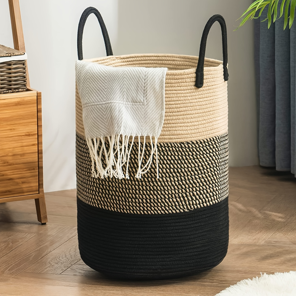 Tvättkorg i Flätad Bomull – 58L Stor Leklåda med Handtag, Fällbar, 38x50cm