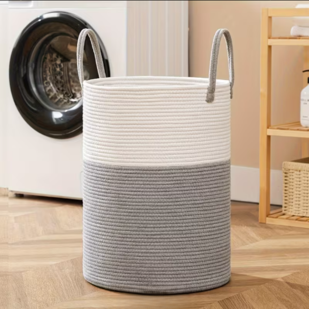 Tvättkorg i Flätad Bomull – 58L Stor Leklåda med Handtag, Fällbar, 38x50cm