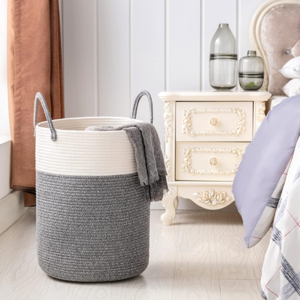 Tvättkorg i Flätad Bomull – 58L Stor Leklåda med Handtag, Fällbar, 38x50cm