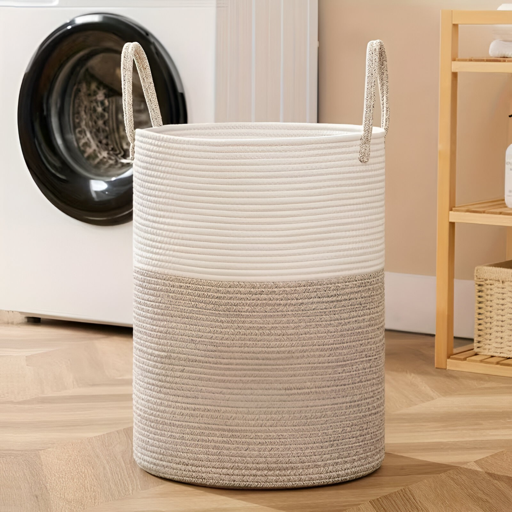 Tvättkorg i Flätad Bomull – 58L Stor Leklåda med Handtag, Fällbar, 38x50cm