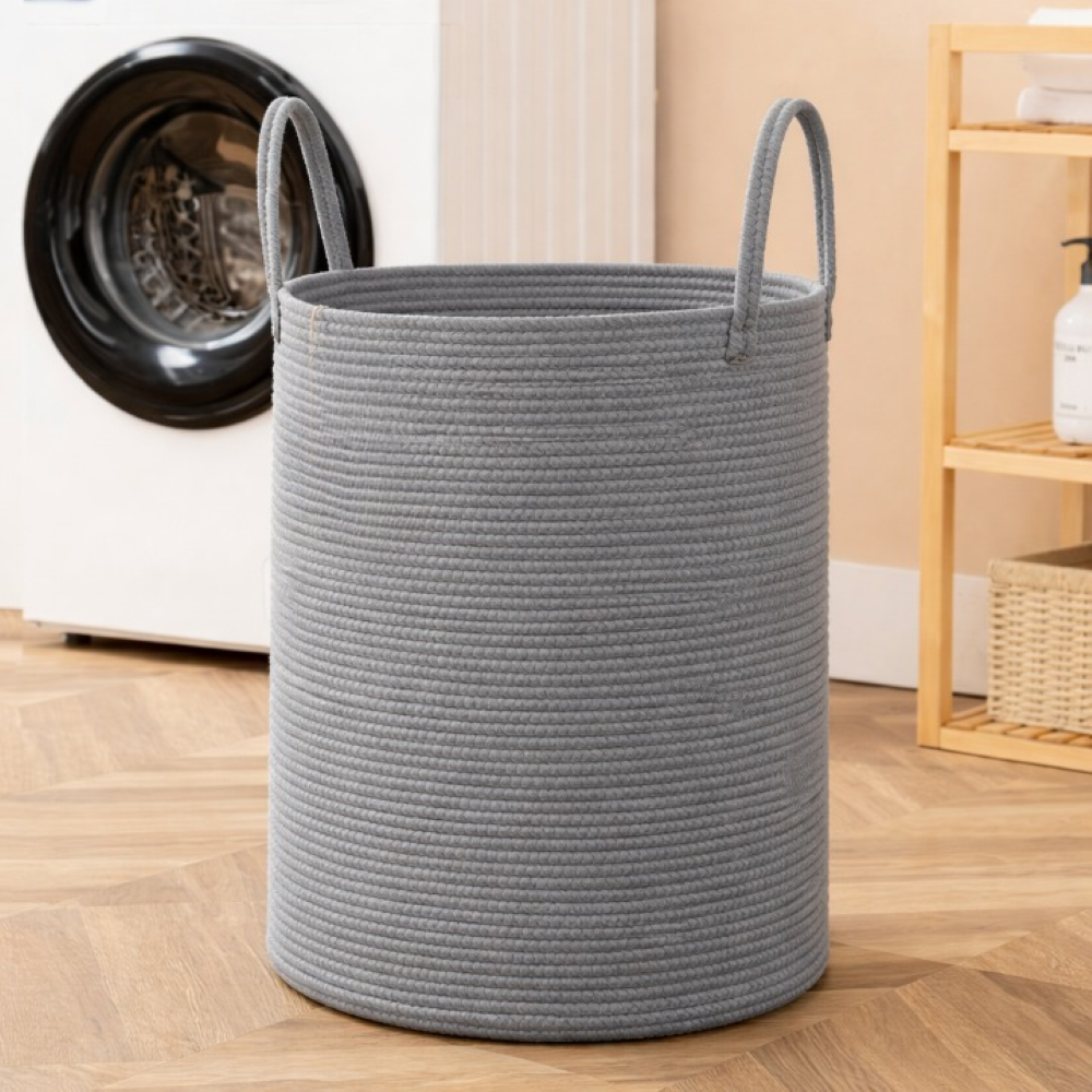 Tvättkorg i Flätad Bomull – 58L Stor Leklåda med Handtag, Fällbar, 38x50cm