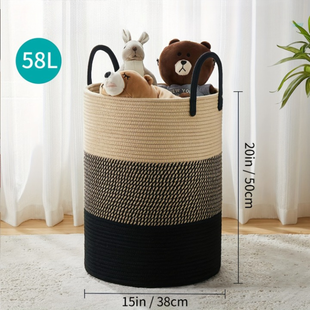 Tvättkorg i Flätad Bomull – 58L Stor Leklåda med Handtag, Fällbar, 38x50cm