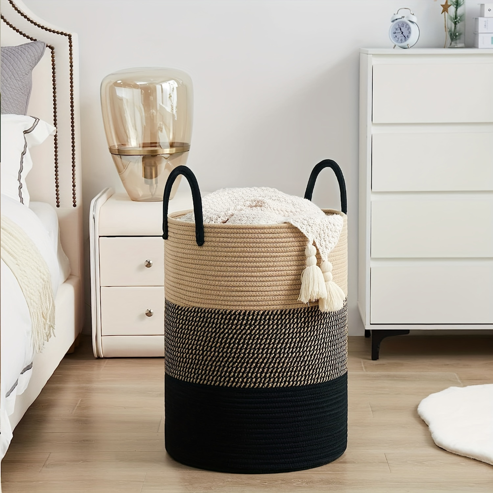 Tvättkorg i Flätad Bomull – 58L Stor Leklåda med Handtag, Fällbar, 38x50cm