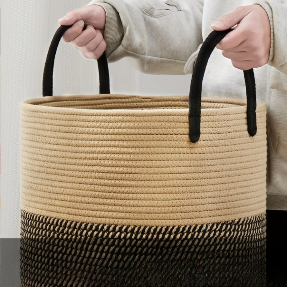 Tvättkorg i Flätad Bomull – 58L Stor Leklåda med Handtag, Fällbar, 38x50cm