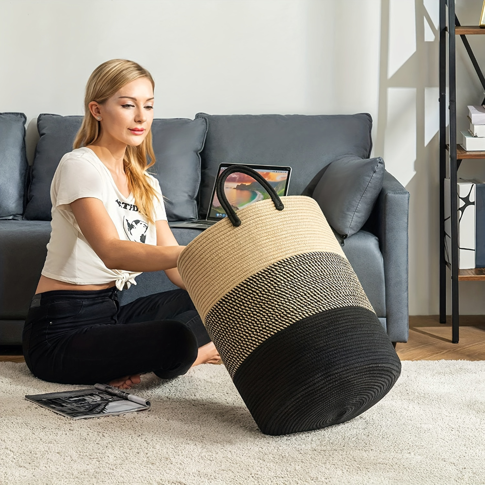 Tvättkorg i Flätad Bomull – 58L Stor Leklåda med Handtag, Fällbar, 38x50cm
