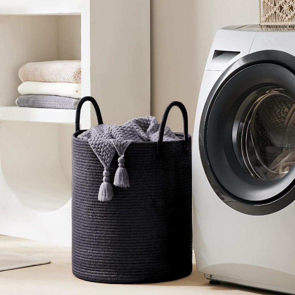 Tvättkorg i Flätad Bomull – 58L Stor Leklåda med Handtag, Fällbar, 38x50cm