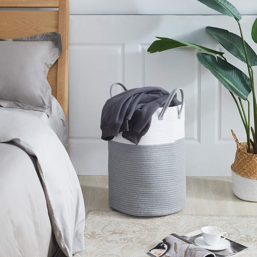 Tvättkorg i Flätad Bomull – 58L Stor Leklåda med Handtag, Fällbar, 38x50cm
