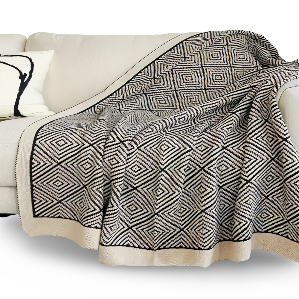 DecoDiamond Pläd - Svart Vit Geometrisk Polyester Fleece Täcke