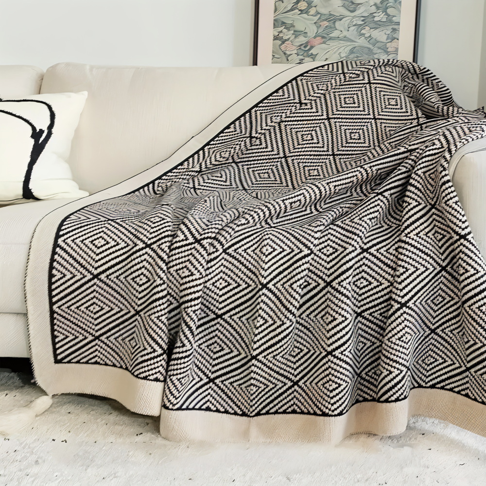 DecoDiamond Pläd - Svart Vit Geometrisk Polyester Fleece Täcke