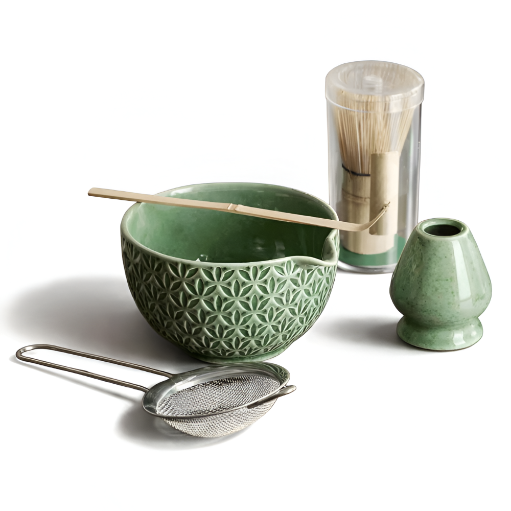 Premium Japanskt Matcha Te Set – Keramik- och Bambustillbehör för Autentiska Tezeremonier – Inkluderar 500ml Matchaskål, Visp och Sikt, 5/6-delat