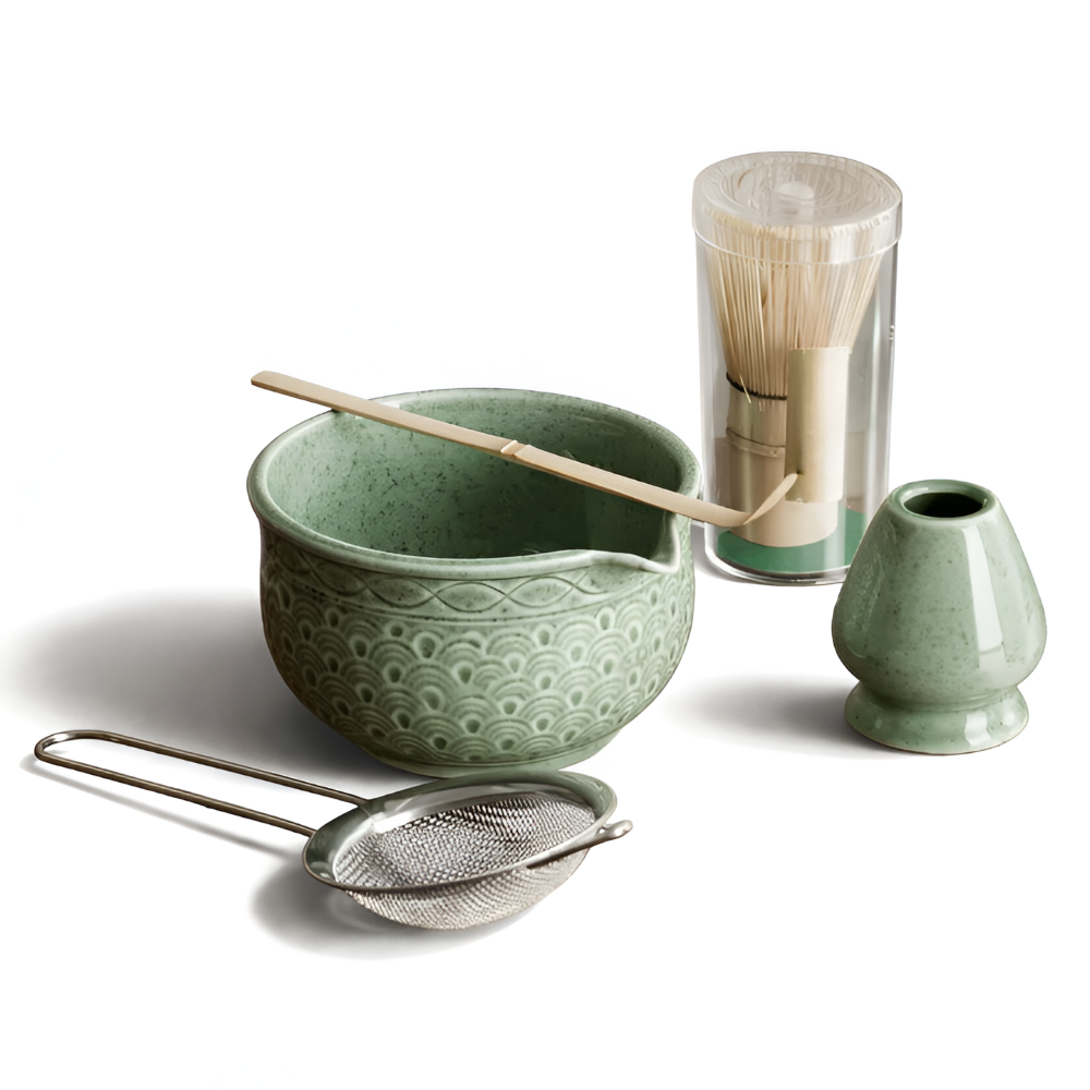 Premium Japanskt Matcha Te Set – Keramik- och Bambustillbehör för Autentiska Tezeremonier – Inkluderar 500ml Matchaskål, Visp och Sikt, 5/6-delat