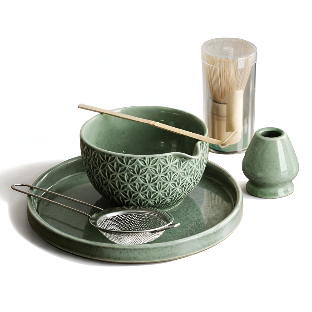 Premium Japanskt Matcha Te Set – Keramik- och Bambustillbehör för Autentiska Tezeremonier – Inkluderar 500ml Matchaskål, Visp och Sikt, 5/6-delat