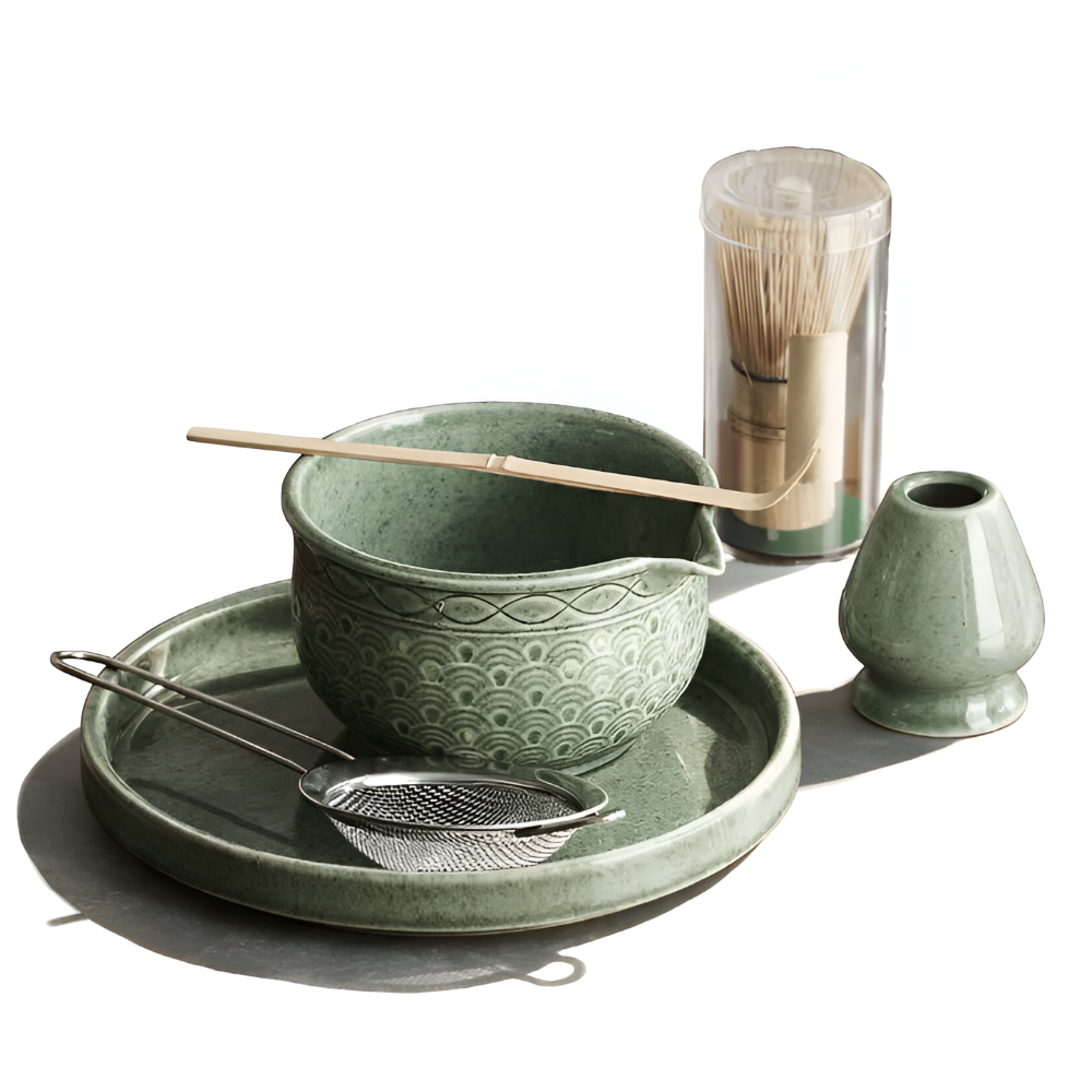 Premium Japanskt Matcha Te Set – Keramik- och Bambustillbehör för Autentiska Tezeremonier – Inkluderar 500ml Matchaskål, Visp och Sikt, 5/6-delat