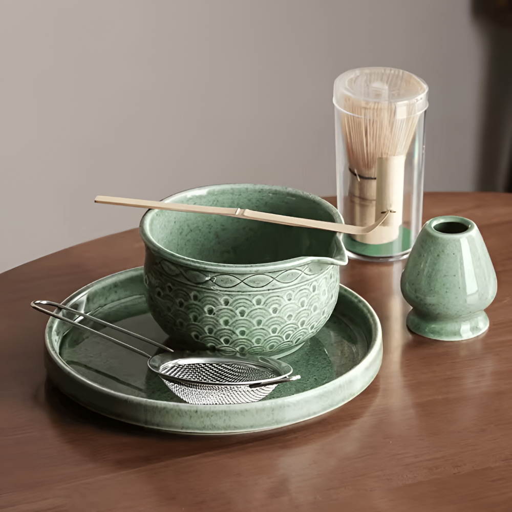 Premium Japanskt Matcha Te Set – Keramik- och Bambustillbehör för Autentiska Tezeremonier – Inkluderar 500ml Matchaskål, Visp och Sikt, 5/6-delat