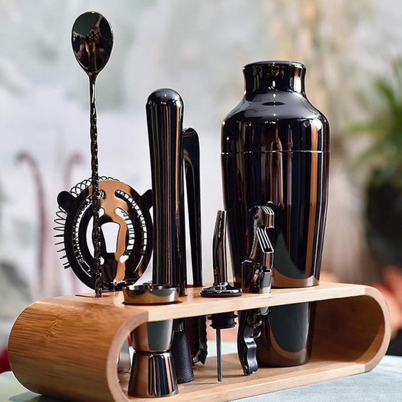 Elegant Cocktailset i 10 Delar - Robust Kombination av Rostfritt Stål och Bambu för Eleganta Hemmabarer 1