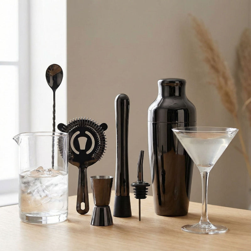 Elegant Cocktailset i 10 Delar - Robust Kombination av Rostfritt Stål och Bambu för Eleganta Hemmabarer 2