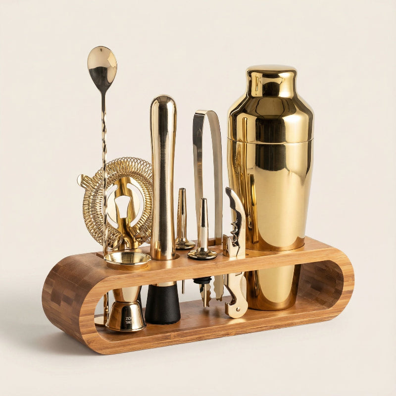 Elegant Cocktailset i 10 Delar - Robust Kombination av Rostfritt Stål och Bambu för Eleganta Hemmabarer 6
