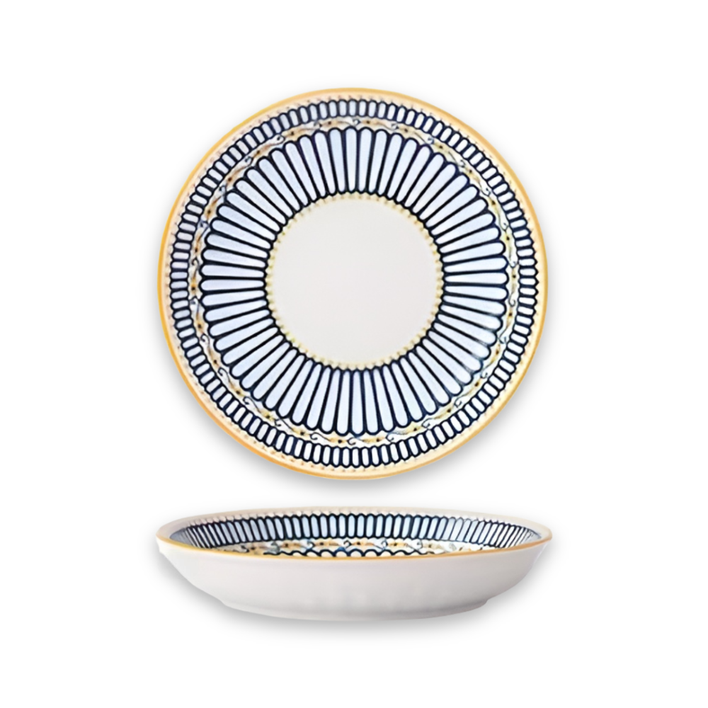 Elegant Handmålad Tallrik Set - Set Om 4 Porslin I Marinblått Med Gulddetaljer 10